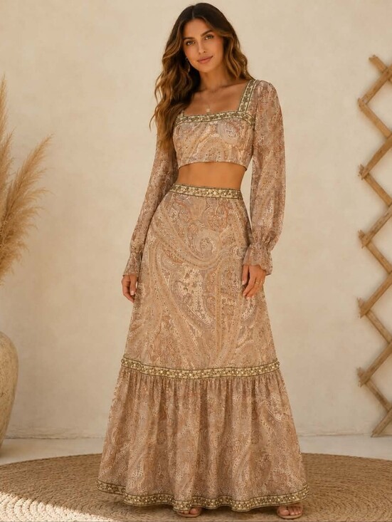 Rose Velvet Dresses & Skirts - Paisley Long Sleeve Maxi Dress in Taupe and Cream